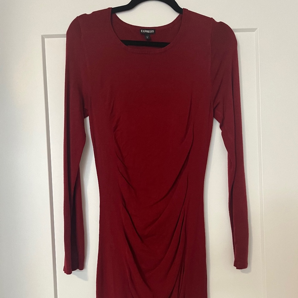 Red knee length dress with long sleeves